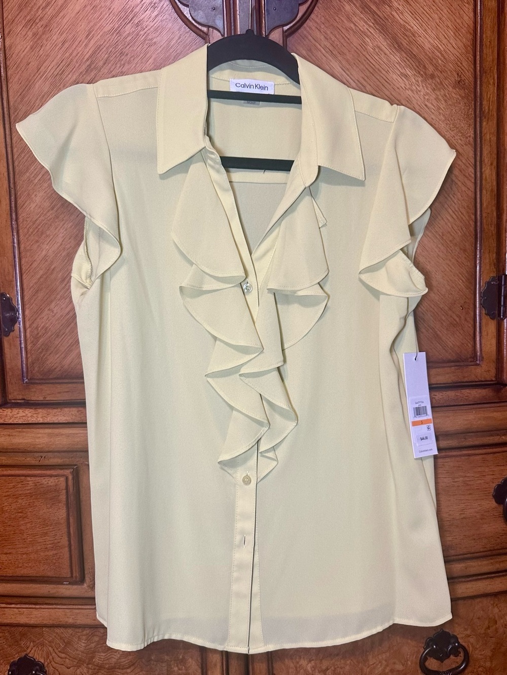 Calvin Klein NWT Ruffle Front Blouse Small Sleeveless Career Office Top Yellow - Picture 2 of 12